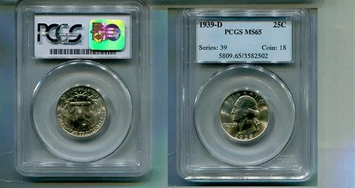 1939 D WASHINGTON SILVER QUARTER PCGS MS65 7210T