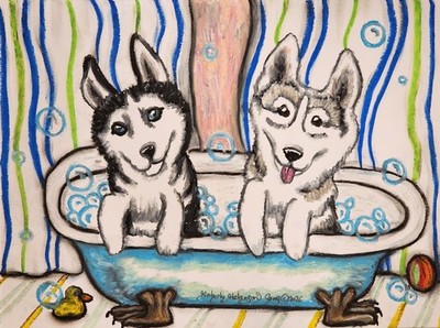 SIBERIAN HUSKY in a Bathtub Original 9 x 12 Oil Pastel Painting Dog Art KSams