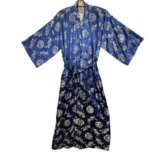 Vintage 80s Flying Squirrel Blue Dragon Satin Embroidered Robe Kimono Large