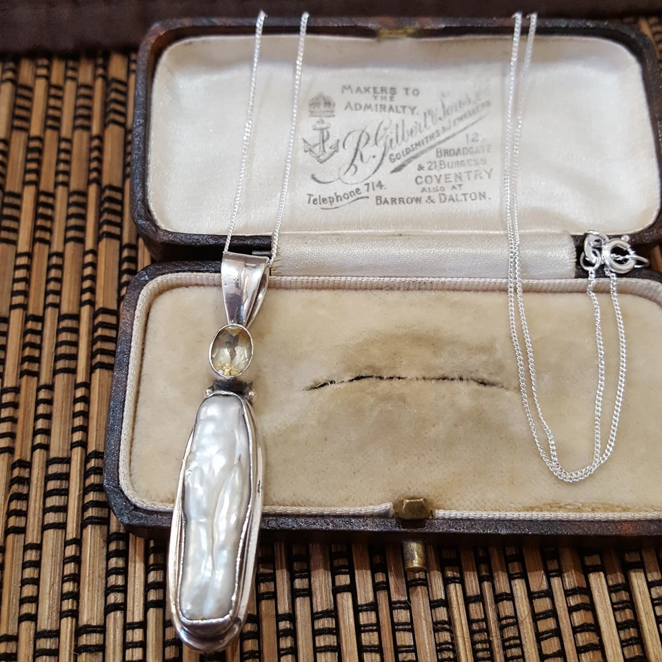 Vintage 925 Sterling Silver Necklace, Baroque Pearl And Citrine Pendant - Image 2 of 4