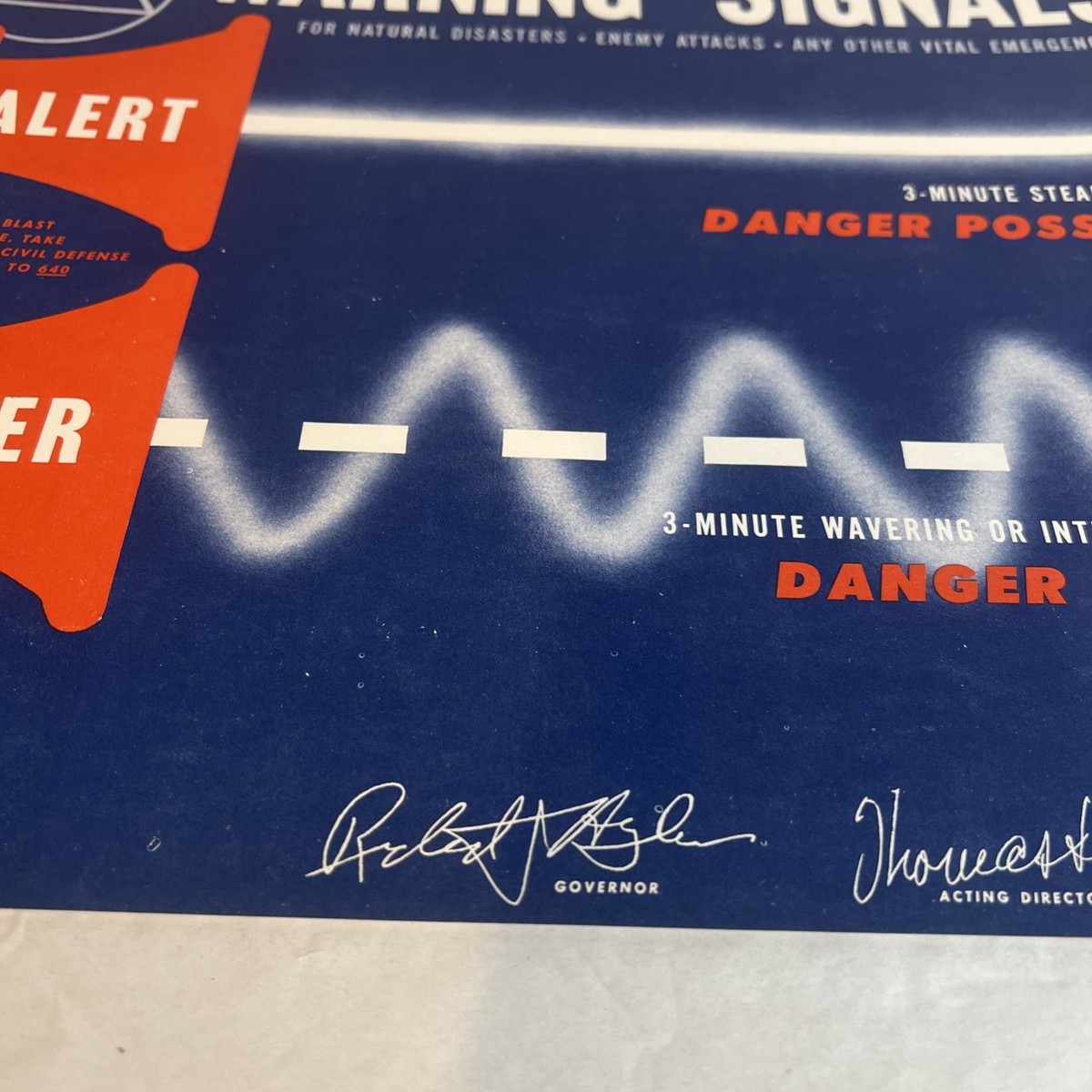VINTAGE ORIGINAL NOS CIVIL DEFENSE WARNING SIGNALS POSTER FOR