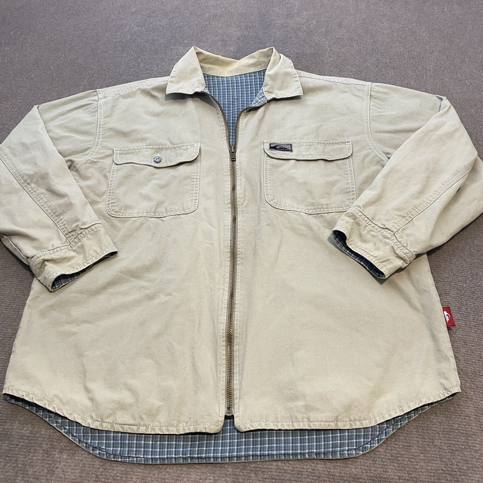 VTG Y2K Quicksilver Jacket Mens M Reversible Plaid Tan Full Zip Chore Skater