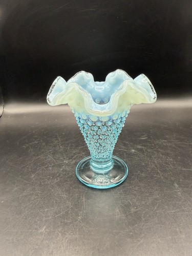 Fenton Art Glass Hobnail Vase Aqua Blue Ruffled Vintage Opaque Small Bud Vase 4”