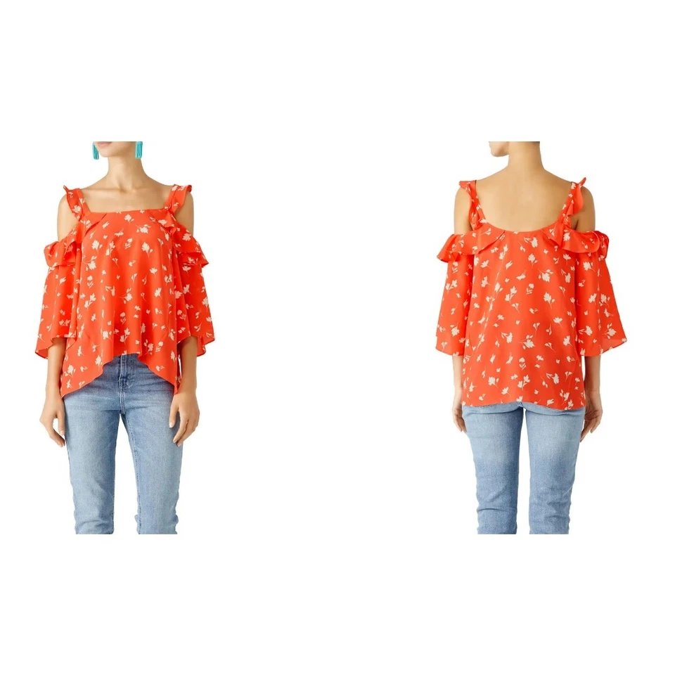Blusa Shoshanna Bronwen Para Mujer XS Roja 100% Seda Floral Hombro Frío Top Fluido Foto 2 de 4