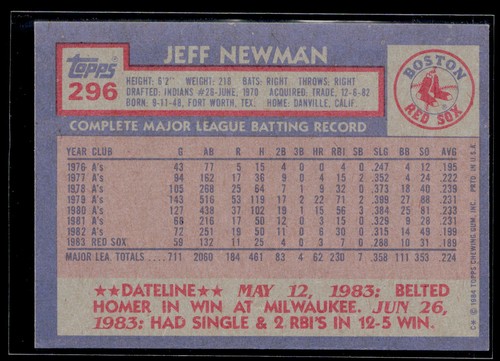 Jeff Newman 1984 Topps #296 Boston Red Sox - Picture 2 of 2