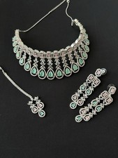 American Diamond Silver Necklace In Mint & Pink Colour