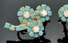 Vintage Signed Hobe Turquoise Blue Iridescent Opaline Glass Flower Earrings — photo 2