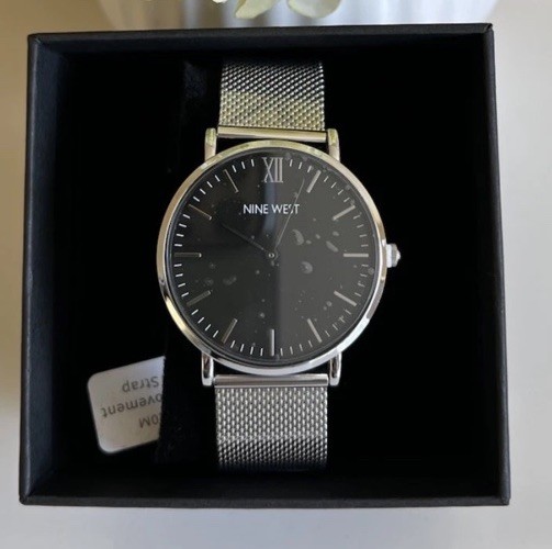 Nine West Mens Asher Watch NWW1620M Stainless Mesh Band Black Face