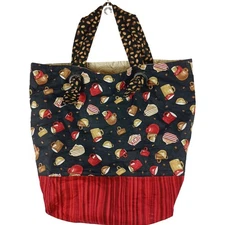 Coffee Tote Bag Large Mug Print Quirky Kitschy Reusable Shopper Black Red