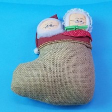 Vintage Santa and Mrs Claus Burlap Stocking Christmas Decor 11” Anna Lee style