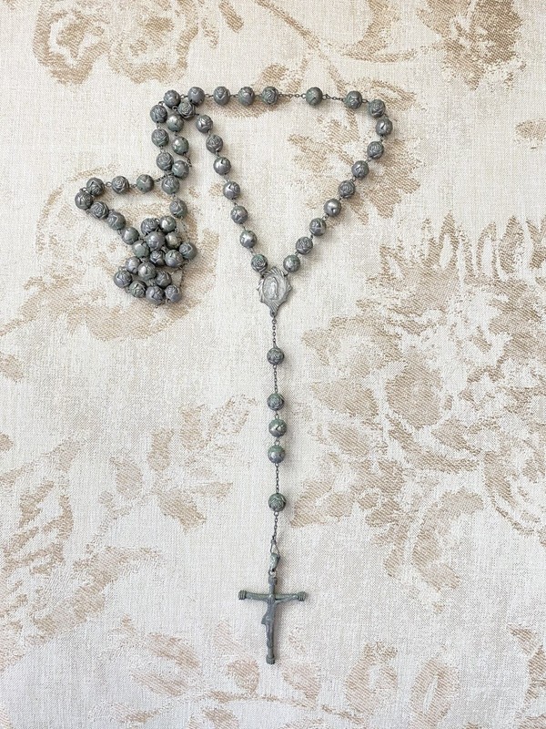 Antique Rosary ~ Metal Rosebud Beads ~ Rare Primitive Spain ~  Aged Green Patina