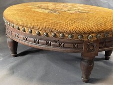 Vintage Wood Oval Stool Craved Wood Base With Floral Needlepoint Upholstery 6370