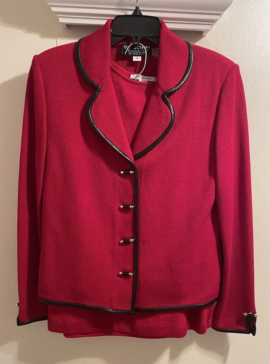 St. John Collection By Marie Gray Knit Red Skirt Suit, Leather