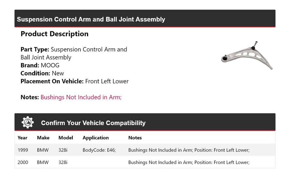 Conjunto de rótula de brazo de control delantero izquierdo inferior MOOG para BMW 328i 1999-2000 Foto 2 de 4