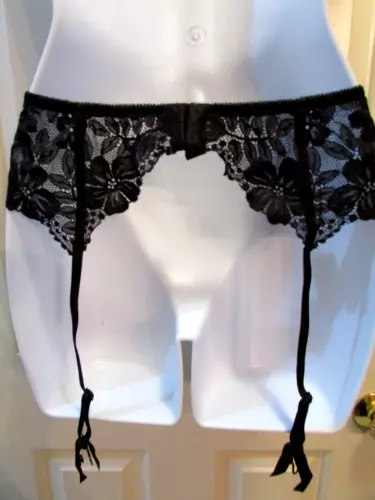 Victoria's Secret Black Lacy Adjustable Garter Belt Sz L Two Back Hooks US Ship