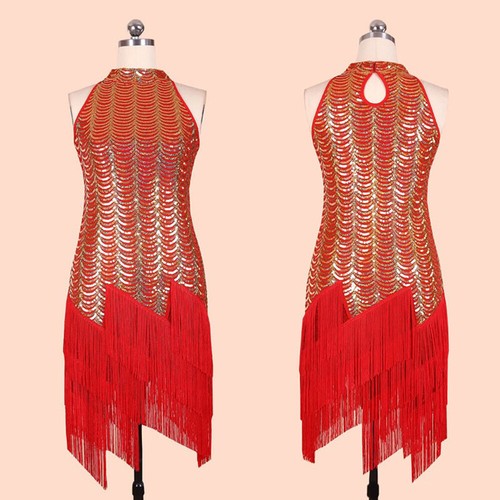 Lady Sequin Sleeveless Latin Dance Dress Tango Tassel Salsa Dancewear Slim Wear - Photo 12/17