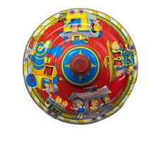 VINTAGE LARGE OHIO ART METAL SPINNING TOP COLORFUL TRAIN GRAPHICS READ VIDEO