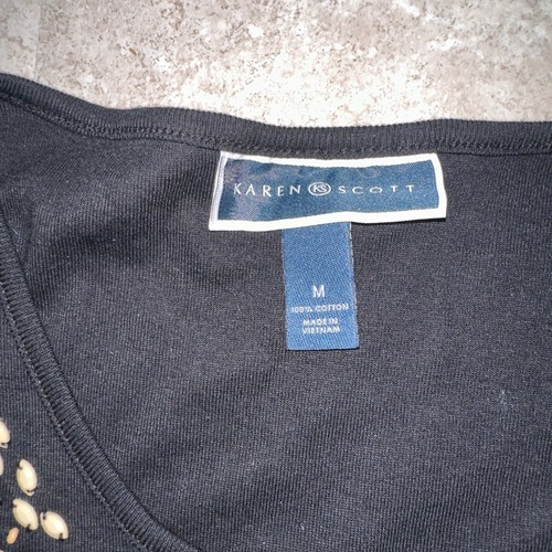 Karen Scott Womens M Black T-shirt With Wood Embroidery Design Round Neck NWT - Picture 8 of 9