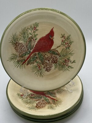 Rare Pacific Rim 4 Salad Dessert Plates 8 Hand Painted Cardinal/Pinecone & Holly