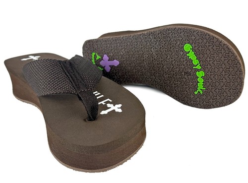 Gypsy Soule - 2" CUÑA Chanclas Tanga Sandalias Tacón Lona - MARRÓN CHOCOLATE - Imagen 2 de 12