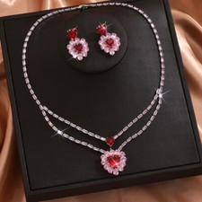Pink Red Cubic Zirconia Rhinestone Heart Necklace Earrings Jewelry Set