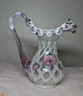 1990's FRENCH OPALESCENT TRELLIS ROSE PITCHER R BAUMAN SIGNED 6.25 "