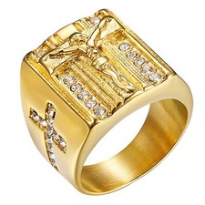 Men's Christian Jesus Cross Ring Stainless Steel Rhinestone Crucifix Band 8-13