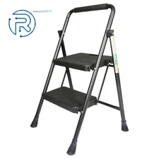 2-Step Black Aluminum Step Stool with Wide Anti-Slip Pedal Folding Ladder