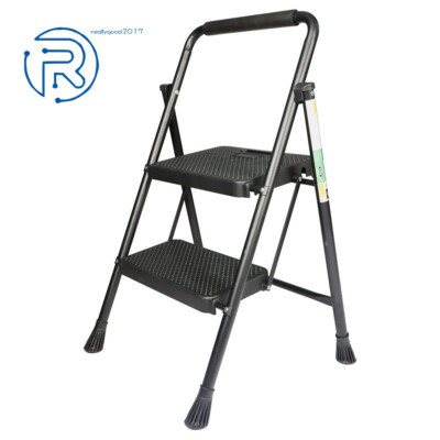 Black Portable 2-Step Ladder Stool with Wide Anti-Slip Pedal Folding Ladder