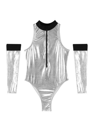 Women's Shiny Patent Leather Astronaut Costume High Cut Bodysuit with Oversleeve - Picture 6 of 25