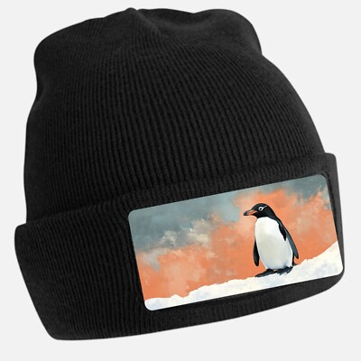 Majestic Penguin Print Black Beanie Hat Unisex Cotton