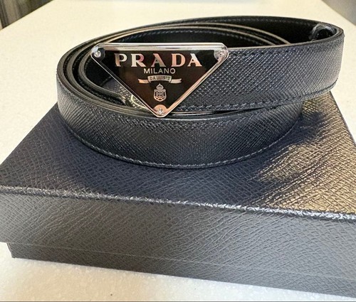 PRADA Belt with Silver Hardware Black Leather Triangle Logo Plate