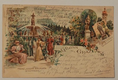 Postcard greeting from Graz 1897 fountain city park weather house lithograph used
