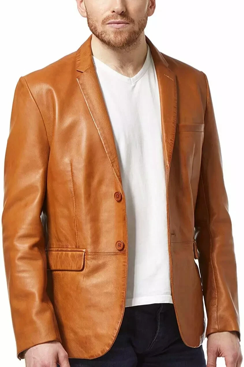 New Men's Sheepskin Genuine Leather Blazer Coat TWO BUTTON Soft Tan Jacket5