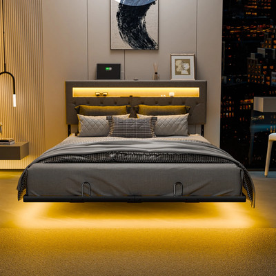 QUEEN SIZE Floating Platform Bed Frame With Charging Station Storage Headboard