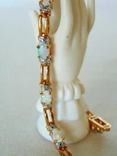 Lovely Vintage FAS 925 Sterling Gold Vermeil GREEN Toned OPALS Tennis Bracelet