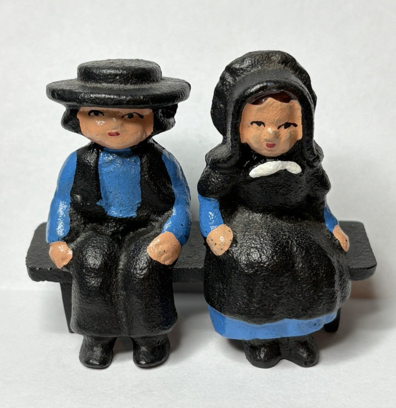 Vintage Mini Cast Iron Amish Couple Sitting on Bench