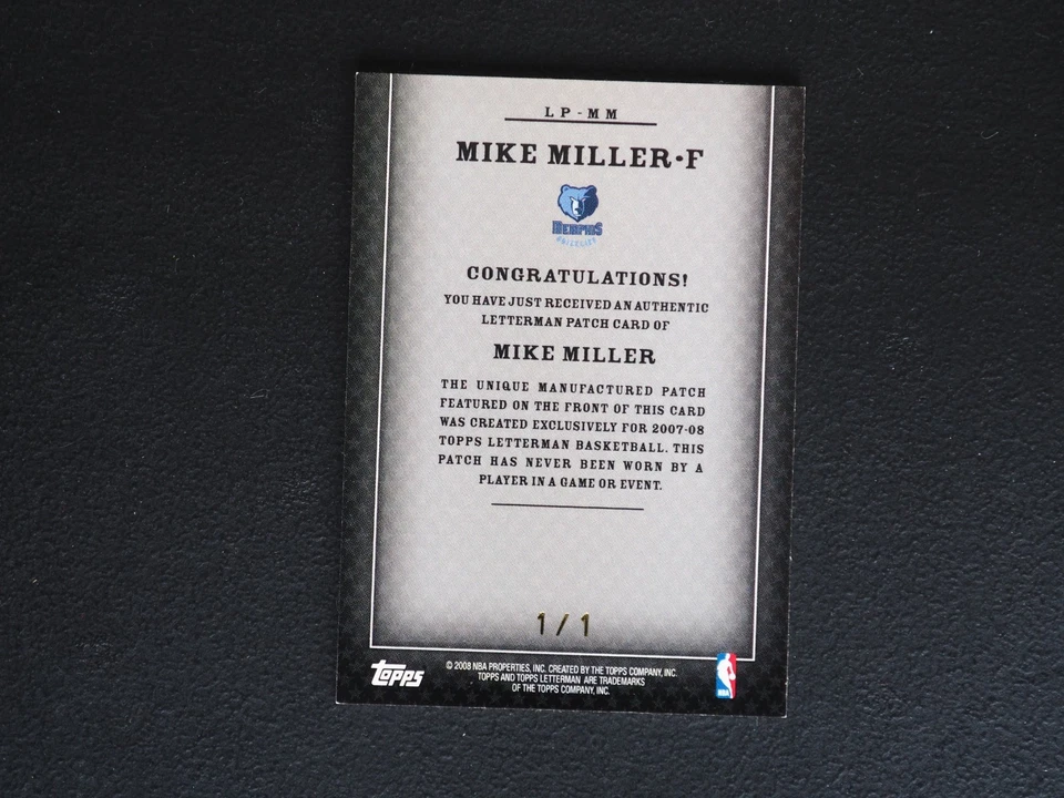 2007-08 Topps Letterman Mike Miller Relic Patch #1/1 NMMT - Image 2 of 2