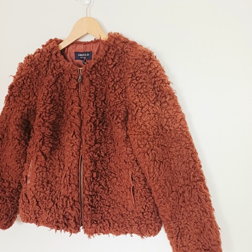 M And S Collection Jacket Coat UK 12 Teddy Fleece Rust Brown Leather Trim Short - Picture 6 of 14