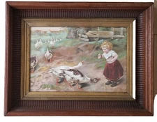 VTG M.F. Tobin Framed Litho N.Y. USA "In Great Distress" Girl with Geese  
