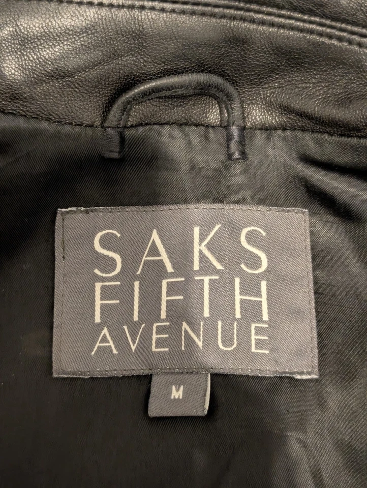 Chaqueta de cuero genuino negra Saks Fifth Avenue para hombre talla M mediana - cremallera clásica Foto 2 de 4