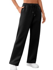 Black Sweatpants Womens Fleece Lined High Waisted Straight Wide Leg Sweat Pan...