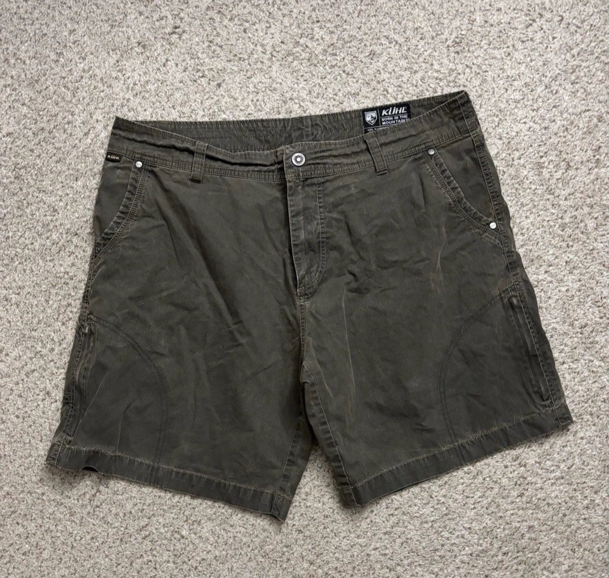 Kuhl Shorts Mens Size 38 Dark Olive Gray Ramblr Shorts Light Canvas Patina Dyed