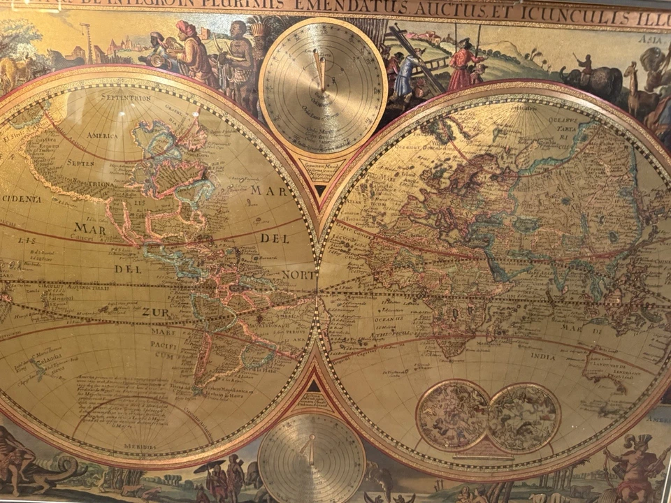 Vintage Bombay Company Double Hemisphere World Map Framed Large - Image 3 of 4