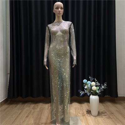 2023 Women's Diamond Mesh Dress O-Neck Long Sleeve Knee Long Dress Party