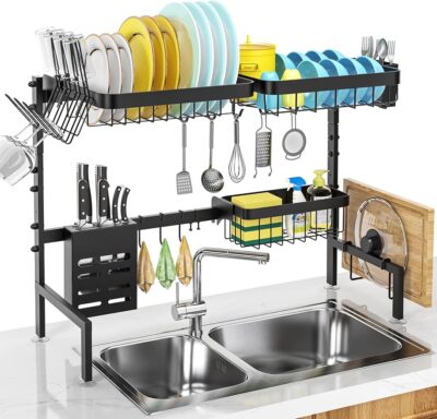 Adjustable 2 Tier Large Dish Drying Rack Over Sink Kitchen Organizer Cup Holder