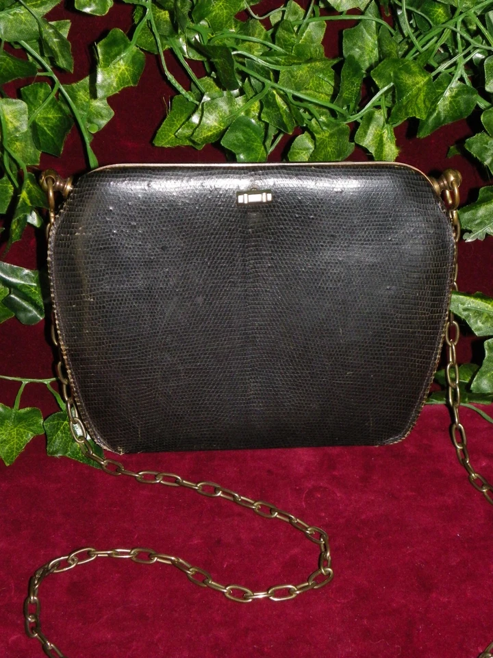 Sac noir à bandoulière vintage en peau de lézard années 1950 rétro pin-up - Photo 2/4