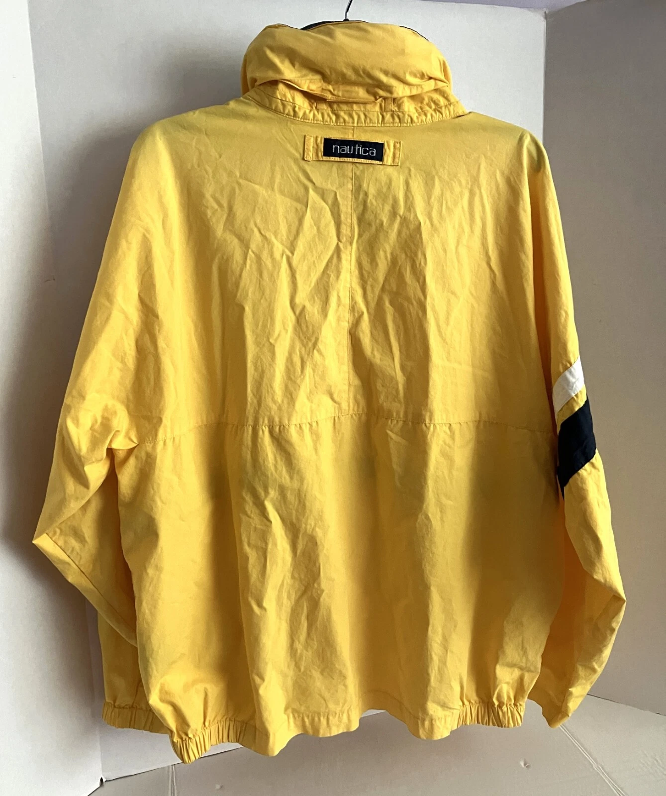 Nautica Jacket Windbreaker Mens Size Medium Hideaway Hood Yellow Blue Vintage image 3
