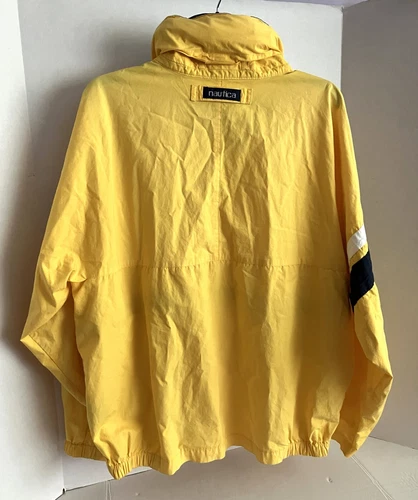 Nautica Jacket Windbreaker Mens Size Medium Hideaway Hood Yellow Blue Vintage image 3