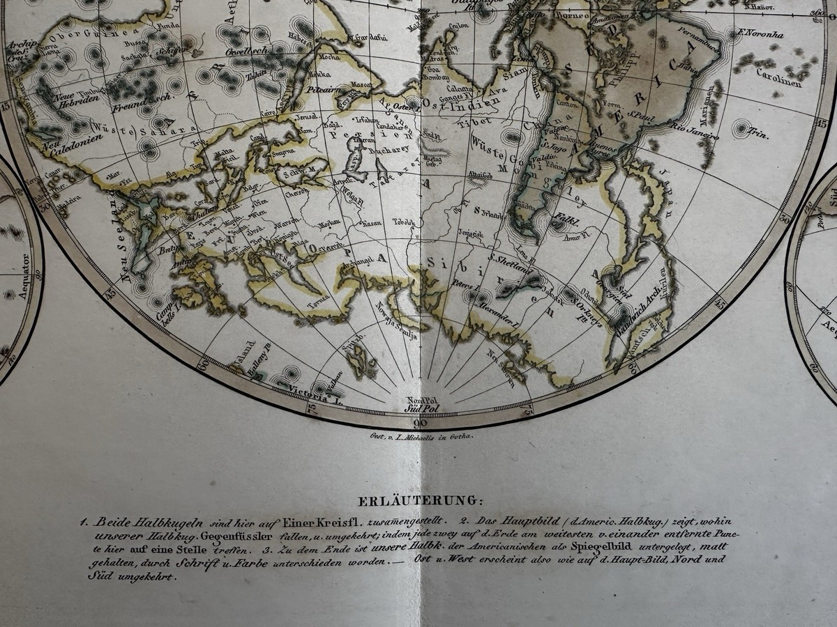 World inverted spheres Poles polar 1861 Stulpnagel engraved color 